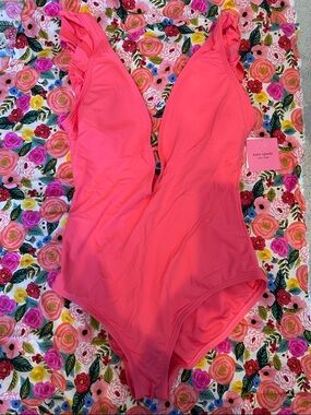 NWT kate spade Women’s Solid Ruffle Sleeve Plunge One-Piece in Bright Peony